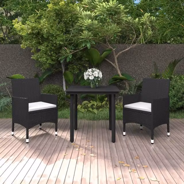 Set da Pranzo da Giardino 3 pz vidaXL in Polyrattan con Cuscini e Tavolo in Vetro Bianco o Nero