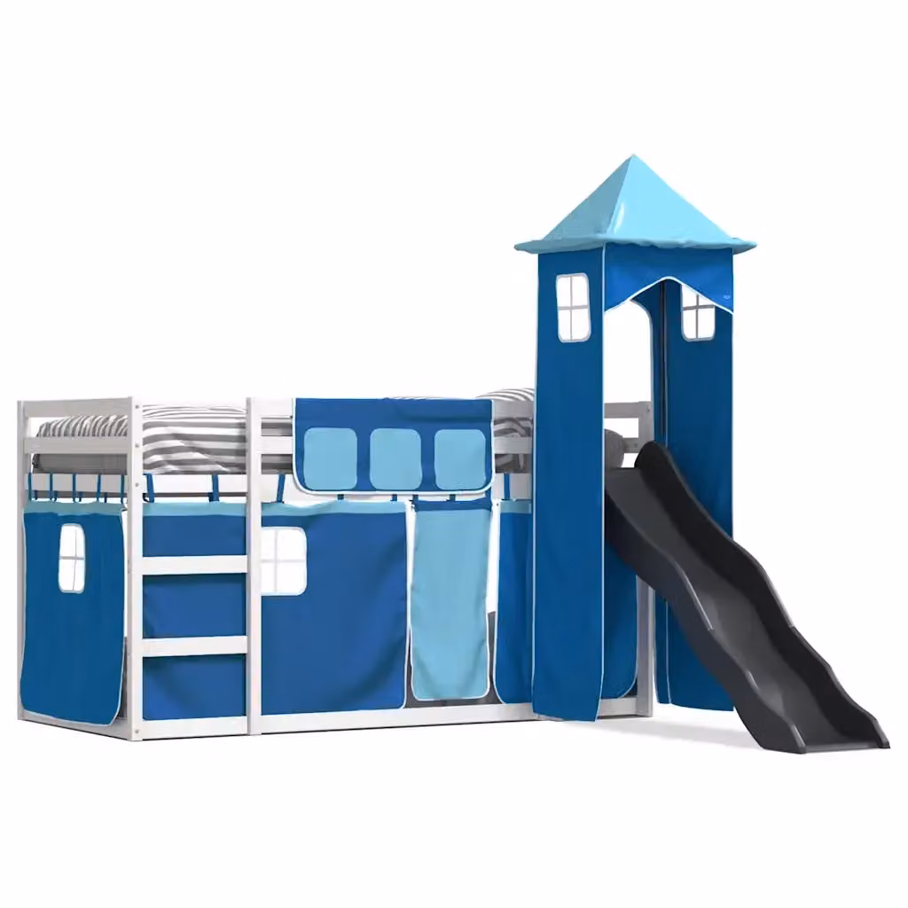 Letto a castello per bambini vidaXL in legno di pino con scivolo e tende blu L/P/H: 190 x 90 x 195,5 cm – 2