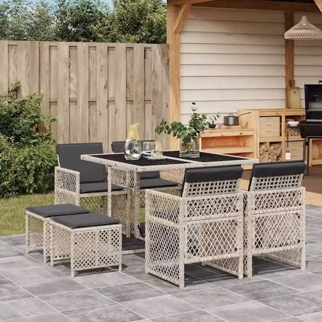 Set Pranzo da Giardino 9pz con Cuscini Grigio Chiaro Polyrattan 3210779