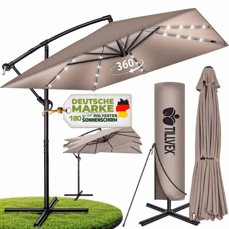 tillvex® Parasole rettangolare in alluminio, diametro 330 cm, con luci LED solari, colore blu navy + copertina con manovella | Parasole a gondola con supporto | Parasole da giardino con protezione UV, impermeabile, rotazione a 360° | Parasole con manovell