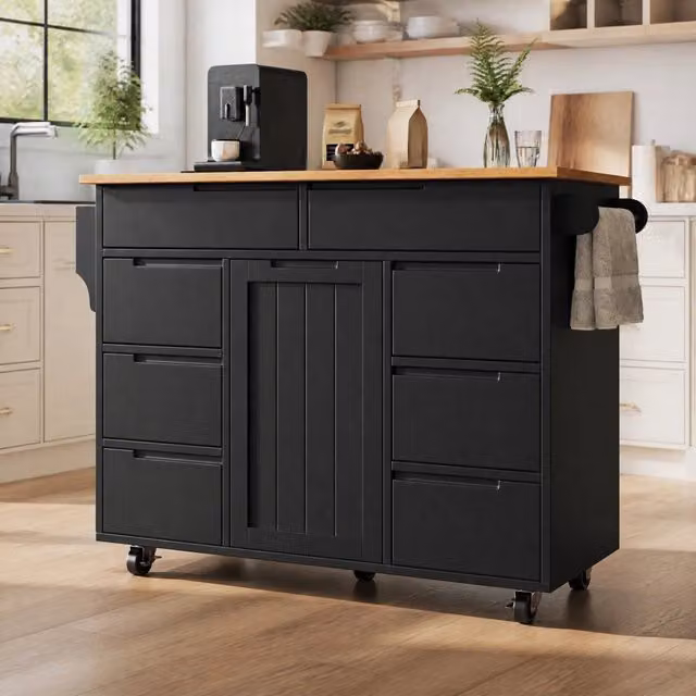Isola da cucina moderna con 8 cassetti, piano d'appoggio estraibile, carrello su ruote nero con ripiano porta spezie e portasalviette