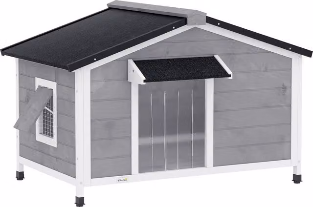 Casetta rialzata per cani PawHut in legno con tenda protettiva e 2 finestre, adatta fino a 20 kg e 80 cm, L: 109 cm, P: 79 cm, H: 72 cm, Nero, Grigio, Bianco – 1