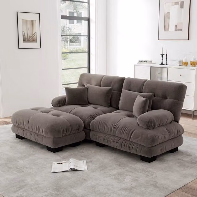 Divano Angolare in Velluto ¨C MINIMAL ¨C Marrone, con Cuscini e Poggiapiedi