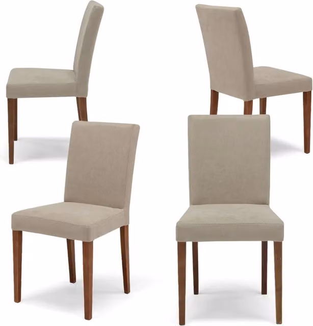 Set 4 sedie imbottite per sala da pranzo DERBY, MADE IN ITALY, design moderno, rivestimento in tessuto morbido idrorepellente colore Tortora, gambe in legno naturale Noce Medio