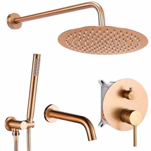 Rea Set da vasca-doccia da incasso Lungo Copper Brush + Box Sistema Doccia in Ottone per Bagno (Rame spazzolato)