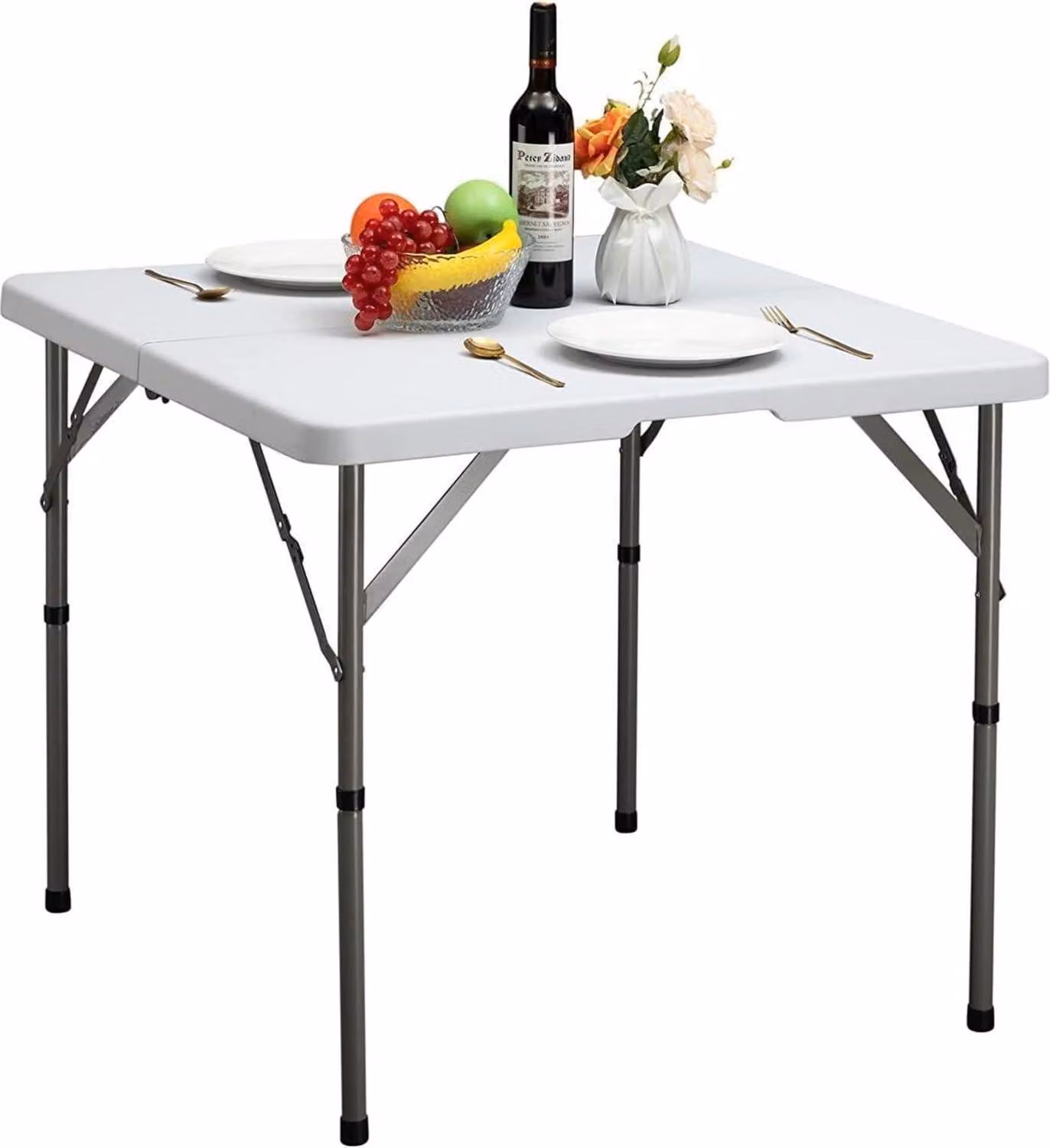 Tavolo da giardino pieghevole 87 cm, quadrato, bianco, maniglia per il trasporto