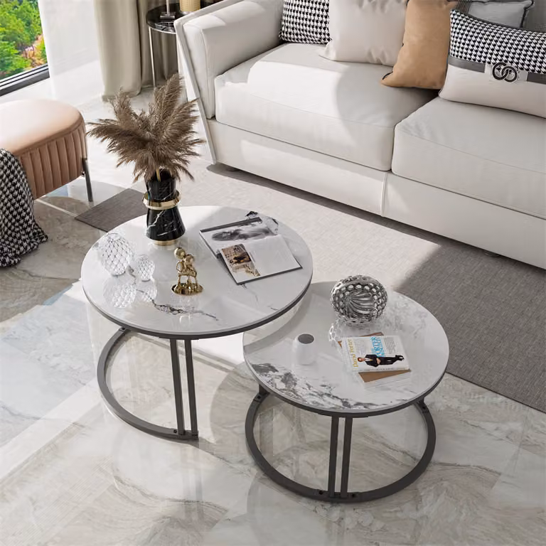 WISFOR set di 2 tavolini da caffè con struttura in alluminio, tavolino da caffè effetto marmo, tavolino da caffè rotondo tavolo da salotto tavolo da divano, bianco giada