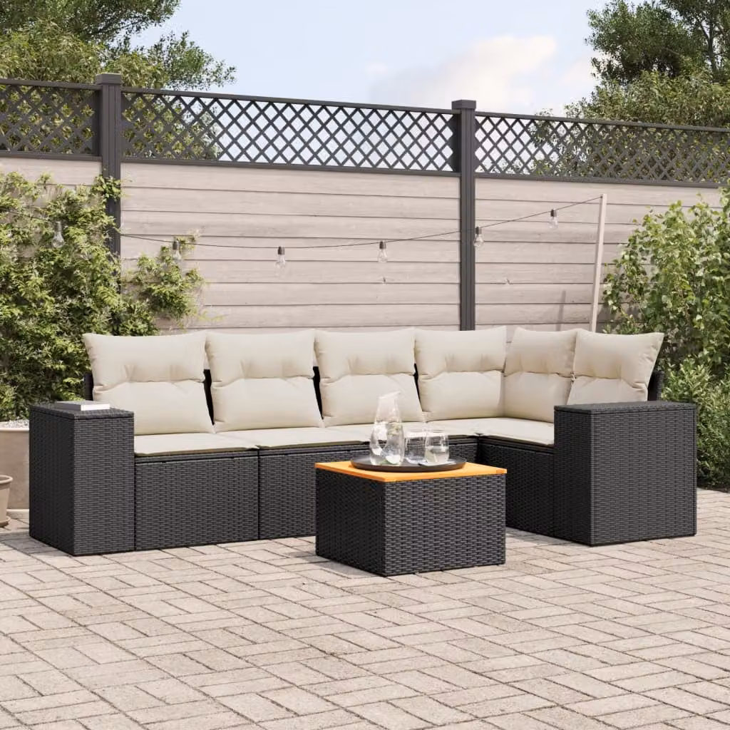 Set Divano da Giardino vidaXL 6 pz a L in Polyrattan Nero con Cuscini e Tavolino – 1