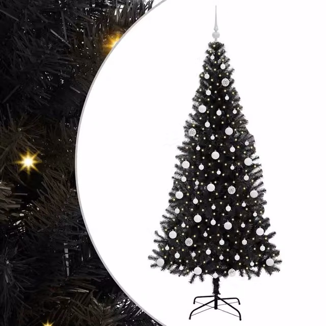 Albero di Natale moderno a cono vidaXL in PVC nero con 300 LED luce bianca calda, Altezza: 210 cm