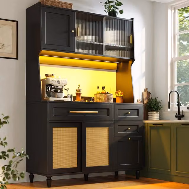 Mobile alto da cucina nero con LED, 3 cassetti, ante scorrevoli e ripiani regolabili
