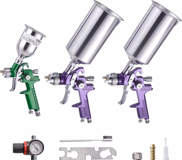 SucceBuy Set 3 pezzi per verniciatura, pistola a spruzzo con 3 ugelli (1/1,4/1,8 mm), 3 tazze e regolatore d'aria, spruzzatore a gravità per primer, finitura e ritocchi
