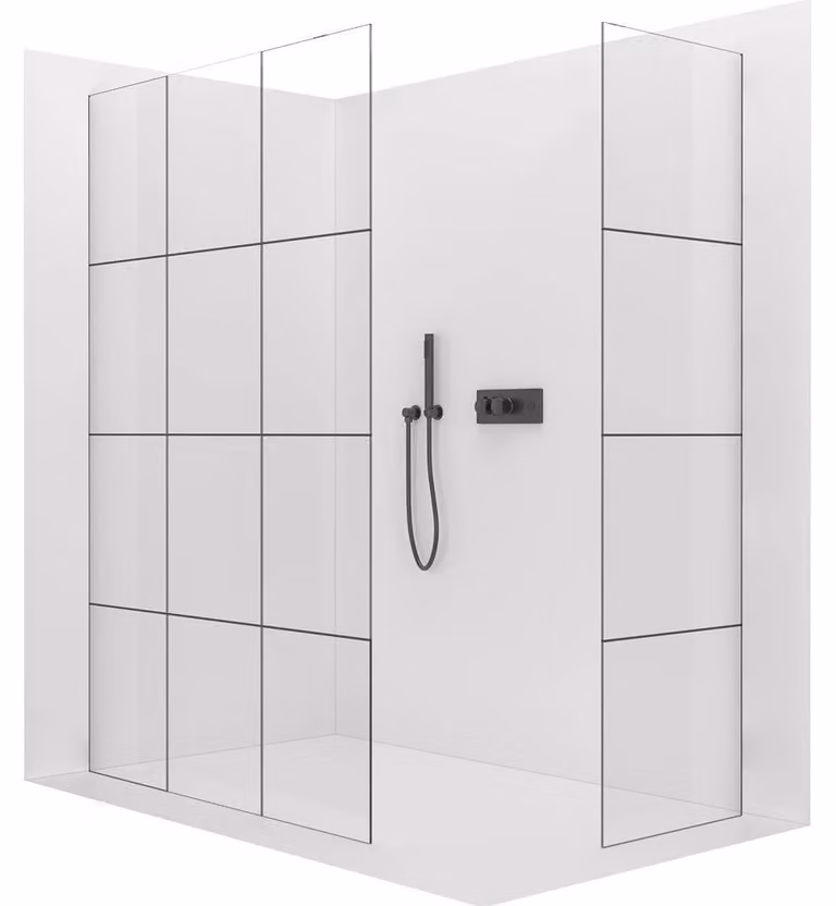 CERANO - Box doccia Walk-in Crystal T L/P - 8 mm - sistema senza montanti - nero opaco, vetro industriale - 140x130x200 cm