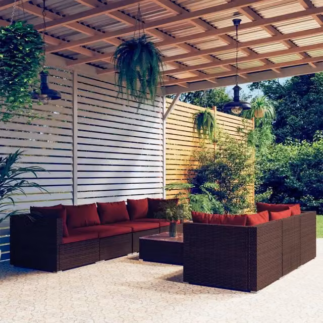 Set da giardino vidaXL composto da 8 pezzi con divani, elementi angolari, tavolino da caffè e cuscini in stile moderno color marrone e rosso con struttura in metallo e sedute in rattan