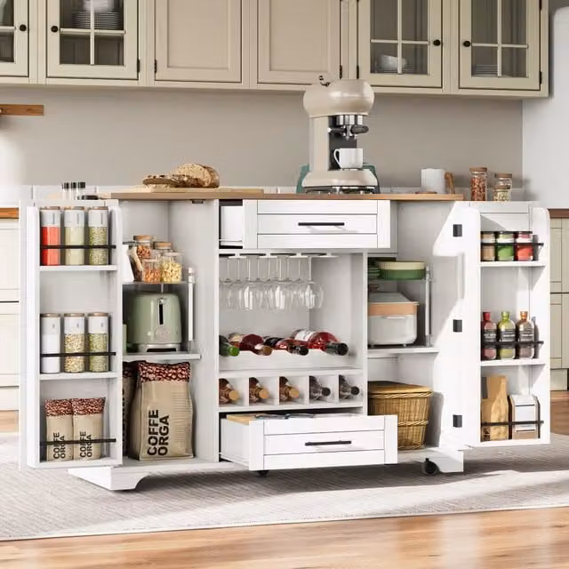 Carrello da cucina moderno WISHDOR bianco con piano ribaltabile ed estensibile, portabottiglie, portabicchieri, portaspezie e portasalviette, L: 138 cm, P: 45-70 cm, H: 92 cm