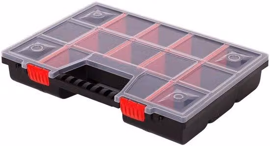 Contenitore di stoccaggio Unyqoos® con 15 scomparti regolabili – Scatola di ordinamento per piccoli oggetti, coperchio trasparente, polipropilene, 390 x 290 x 65 mm, 610 g