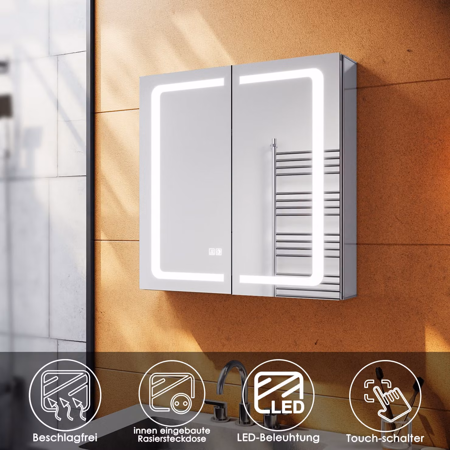 SONNI Armadio a specchio LED in alluminio con interruttore e presa tattile e funzione antiappannamento 65x65x13,3 cm