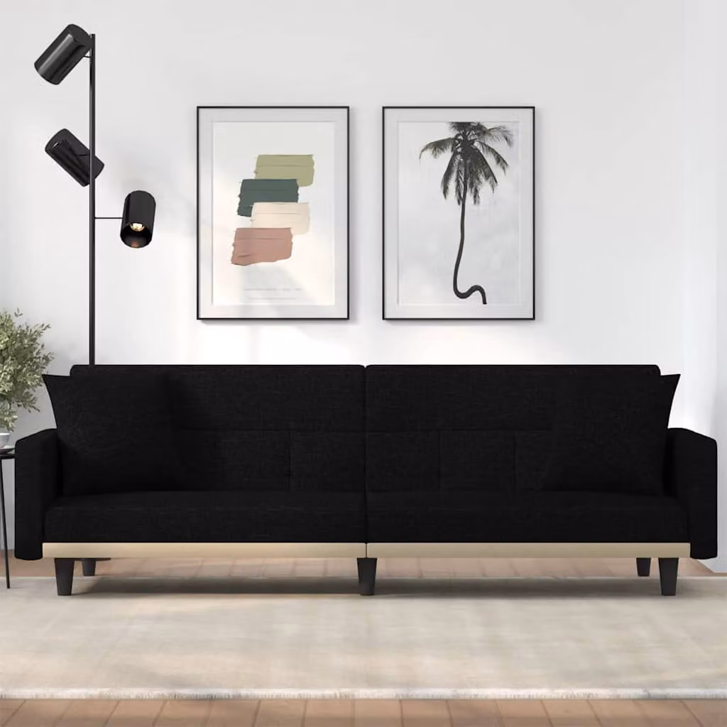 vidaXL Divano Letto Click-Clack Moderno in Tessuto Nero con Cuscini e Poggiatesta Regolabile L/P/H: 220 x 90 x 70 cm