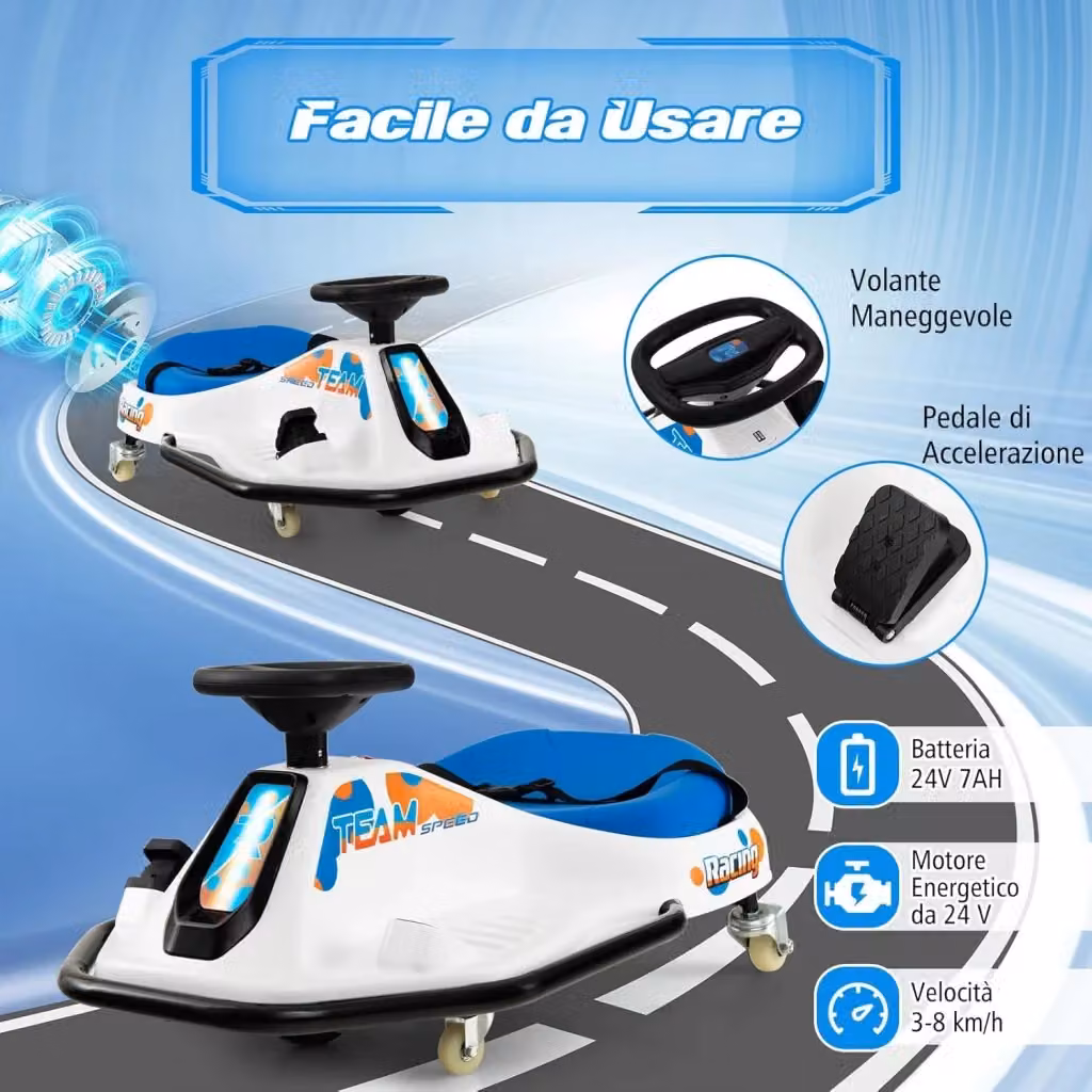 Go Kart Elettrico Drift per Bambini Costway 24V con Giro a 360°, Musica USB e Bandierine, Colore Bianco e Blu – 2