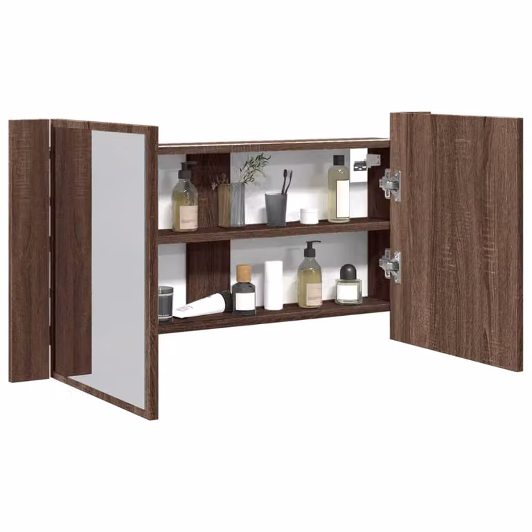 Armadietto con specchio e illuminazione LED vidaXL in rovere marrone per bagno, L 90 cm x P 12 cm x H 45 cm