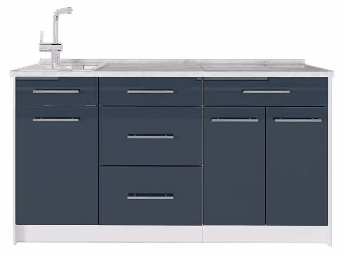 Cucine componibili piccole Vicco Fame-Line Blu scuro lucido/Bianco 150 cm, PL Marmo, Model 65327