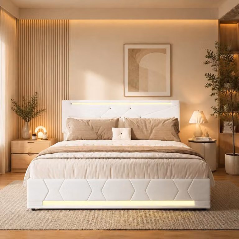 Letto imbottito INONEFT, 140x190 cm, con sistema di sollevamento idraulico, illuminazione a LED e prese USB, letto per ragazzi con schienale regolabile, color beige