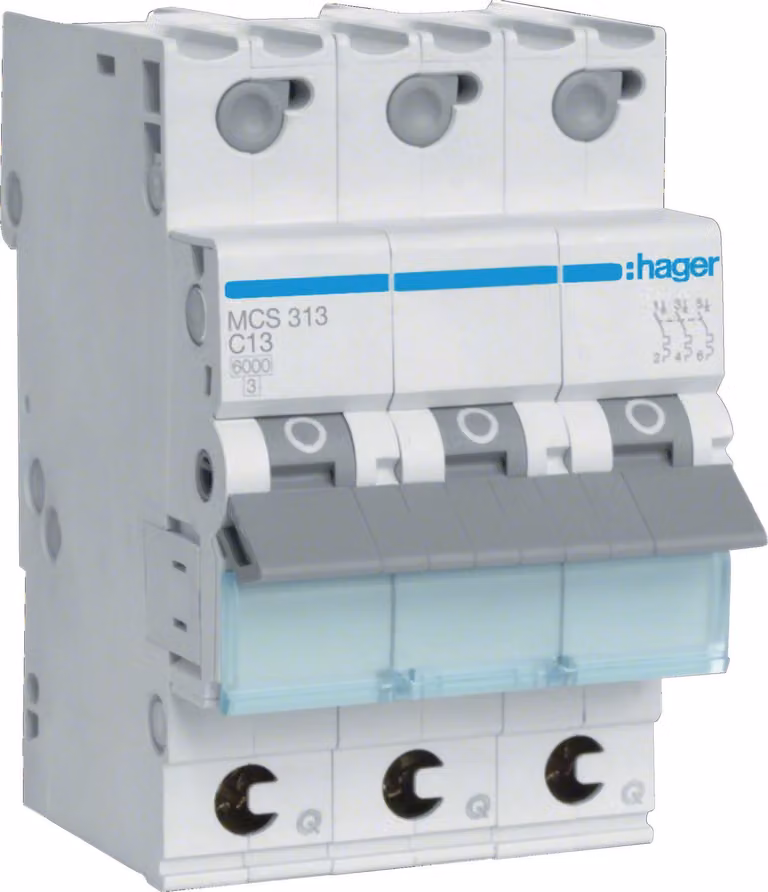 Interruttore LS Hager a 3 poli 6 kA caratteristica C 13 A 3 moduli Hager MCS313, 1 pz.