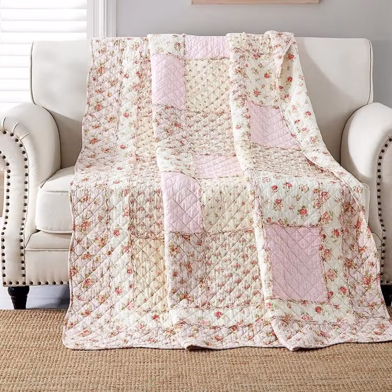 Lenzuolo con angoli patchwork, 150x200 cm, in cotone, motivo floreale, color rosa, con bordi rifiniti