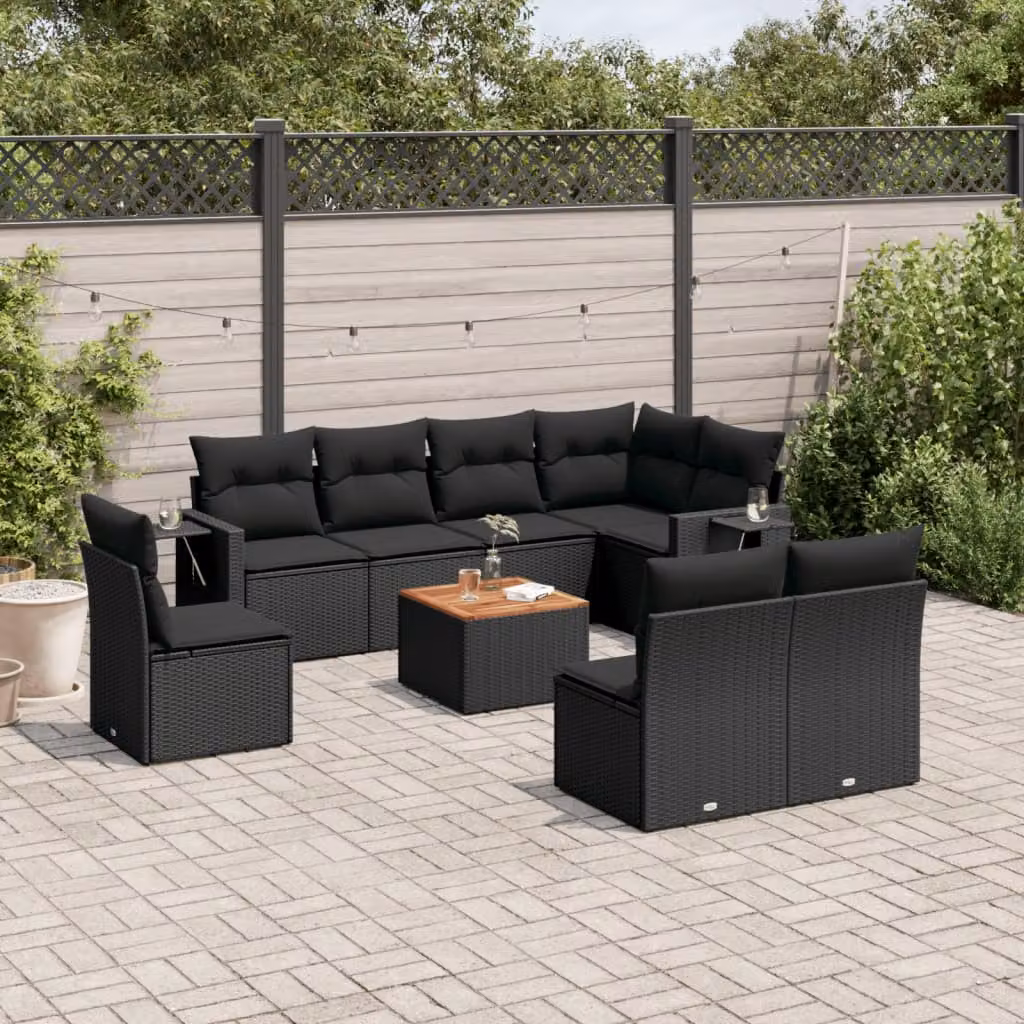 Set di divani da giardino vidaXL in polyrattan nero con cuscini, componibile a forma di L per esterno – 1
