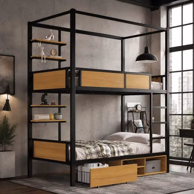 Letto a castello REDOM in metallo e MDF con ripiani laterali, Nero e Naturale, L/P/H: 90 x 200 cm