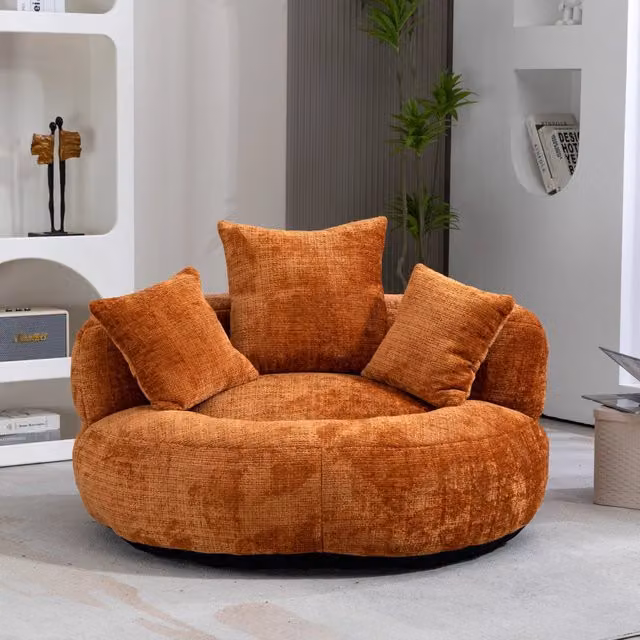 Poltrona sacco per adulti in ciniglia arancione con schienale ergonomico; 108x108x52 cm