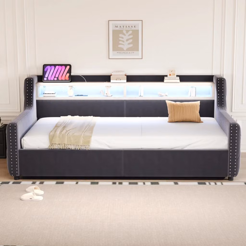 Letto divano singolo OKWISH con contenitore, illuminazione LED, ripiano e prese USB e tipo C, in tessuto grigio, L/P/H: 200 x 90 x 104 cm – 2