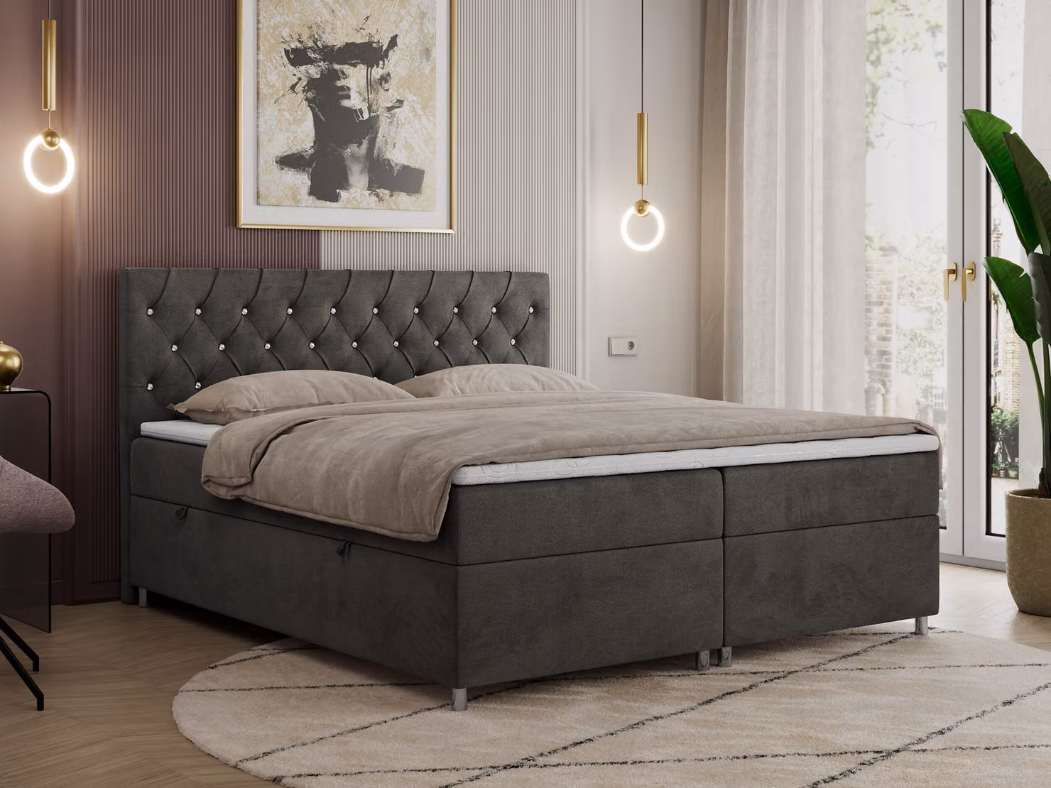Letto boxspring 140x200 con contenitore, letto boxspring 140x200 con materasso, letto matrimoniale con materasso e topper - Letto imbottito con testiera - ROMA - 140x200 - Grigio scuro - Velvet - H3