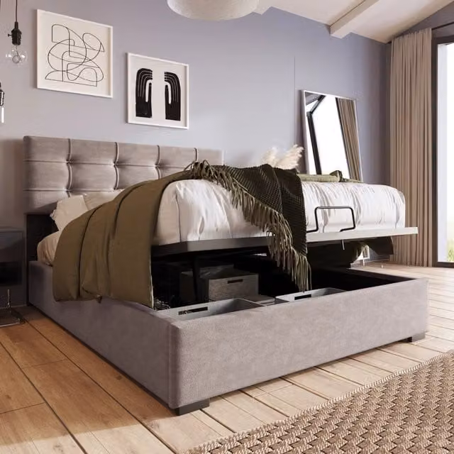 Letto singolo 90×200 cm con contenitore idraulico e testiera regolabile, materasso incluso, velluto grigio chiaro