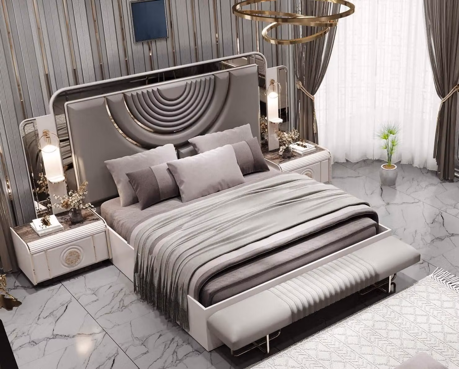 Letto imbottito con illuminazione e 2 comodini in stile Art Déco