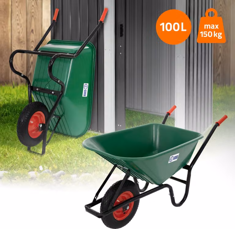 Carriola ECD Germany, cassone in PP da 100 litri, colore verde, portata 150 kg, ruote pneumatiche con cerchioni in metallo, carriola da giardino, carriola da cantiere, carriola da lavoro per il giardino