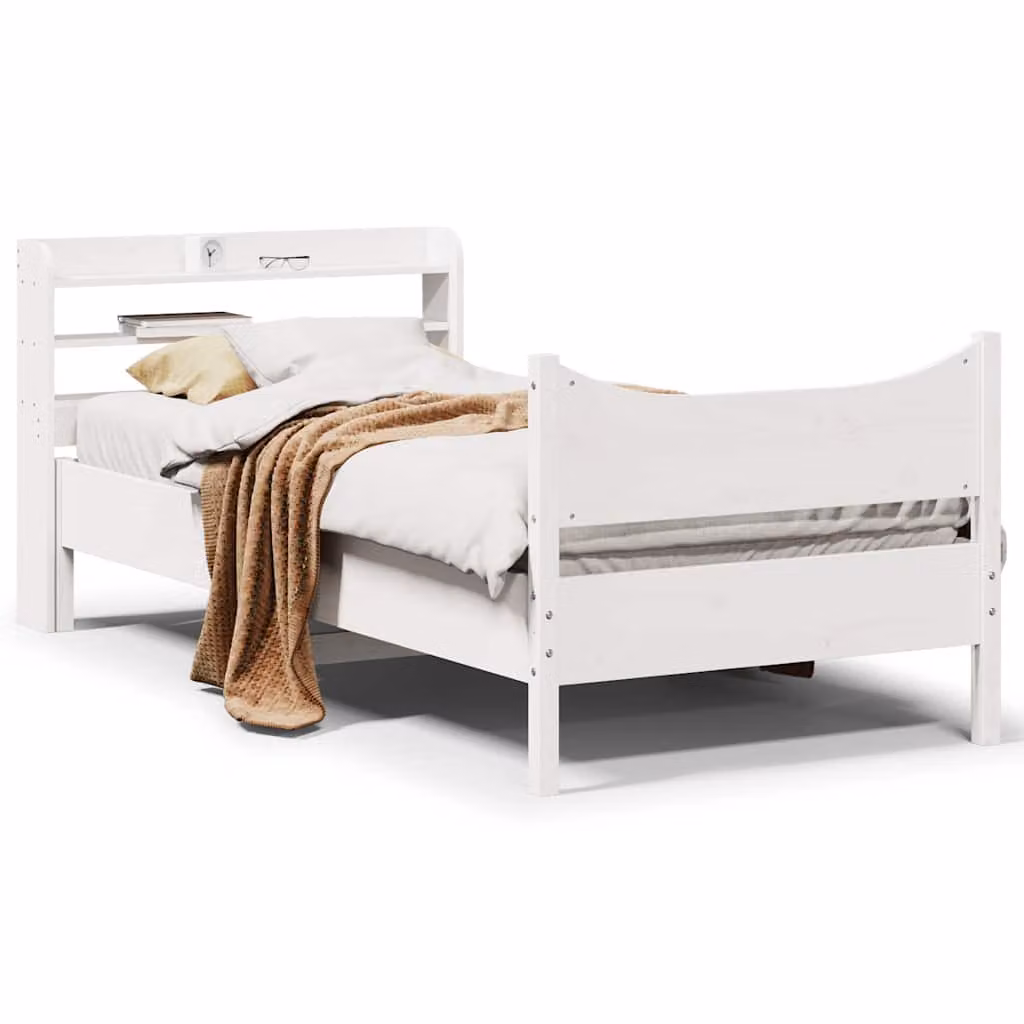 Letto vidaXL in legno di pino massello bianco con doghe rigide e ripiani laterali stile rustico