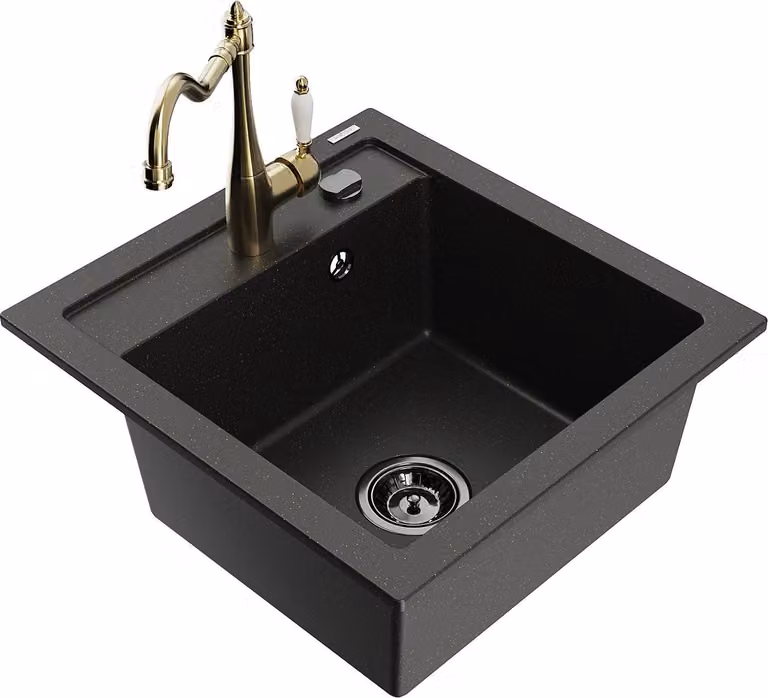 Mexen Vito lavello in granito a 1 vasca con rubinetto da cucina Carla, nero/oro metallizzato - 6503-75-670700-50-B