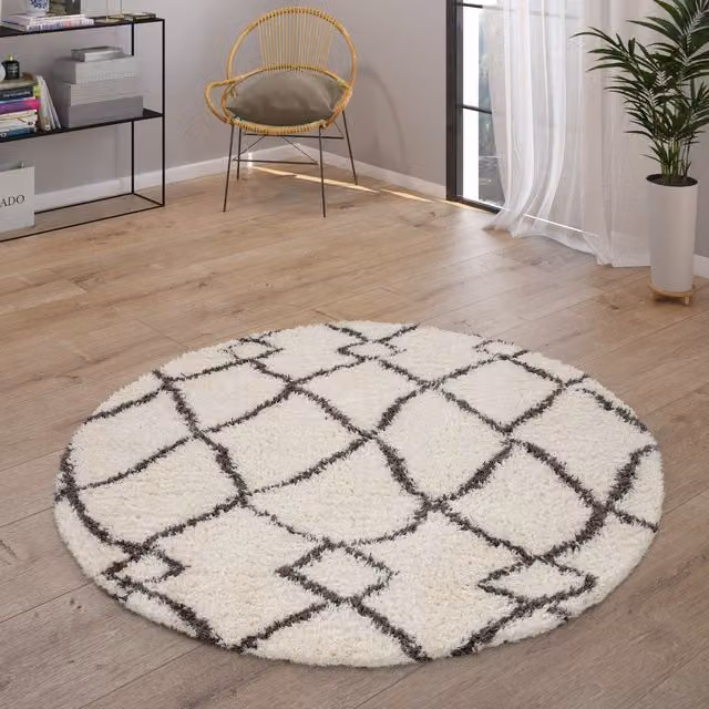 Tappeto rotondo a pelo alto Oregon beige con frange, Diamante, Diametro: 200 cm – 1