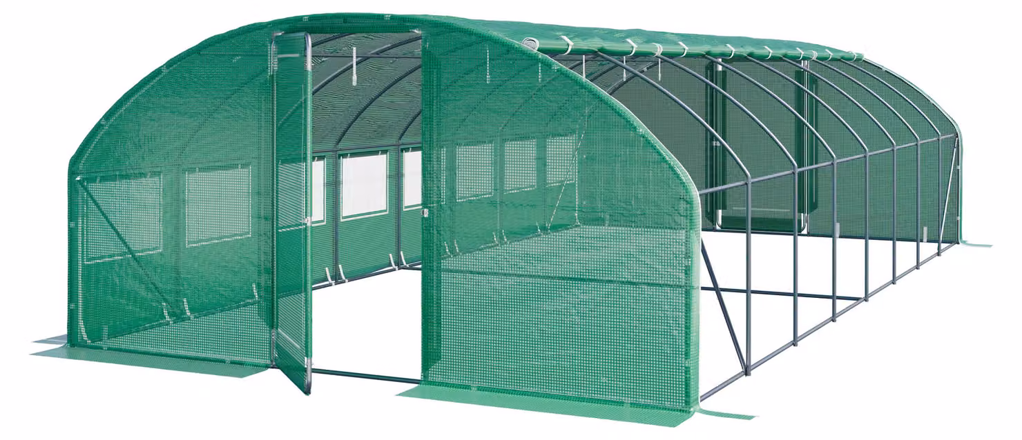 Serra Tunnel TOOLPORT con porta a battente, 4x8m telo in PE 180g/m² verde trasparente