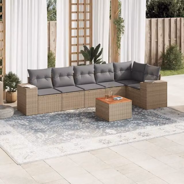 Set Divani da Giardino 7 pz con Cuscini Beige in Polyrattan 3257788