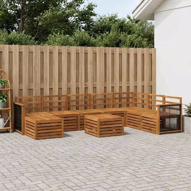 Set di divani da esterno a L con tavolino e pouf vidaXL in legno di acacia massello marrone con cuscini inclusi