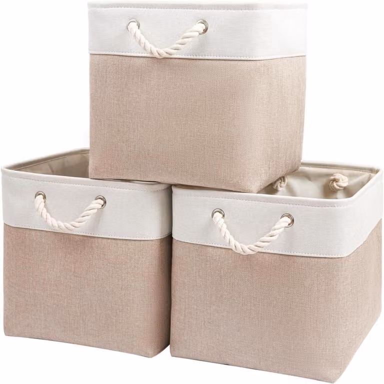 Contenitore in tessuto, 33x38x33 cm, color kaki/bianco, confezione da 3