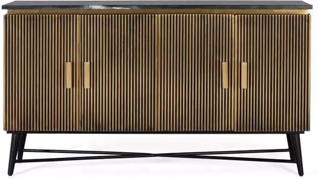 Credenza Giner y Colomer con 4 ante in legno di mango, rivestimento bronzo e piano in marmo nero, stile glamour