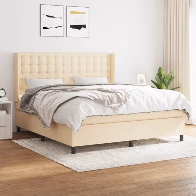 Letto Ibrido vidaXL con Giroletto a Molle e Materasso in Tessuto Beige e Bianco L/P/H: 160 x 200 x 25 cm