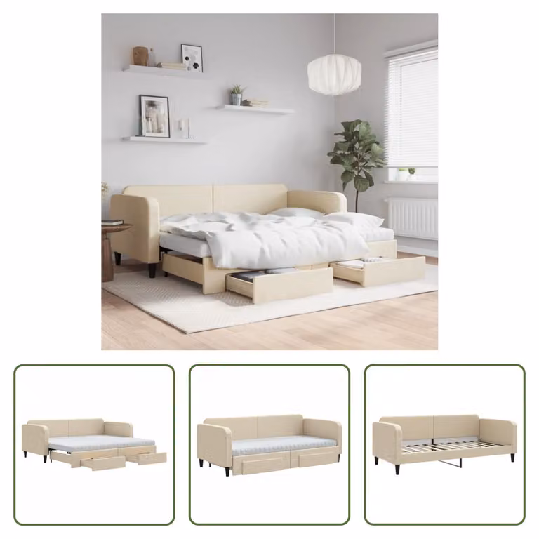 The Living Store letto da giorno allungabile con cassetti crema 90x200 cm in tessuto