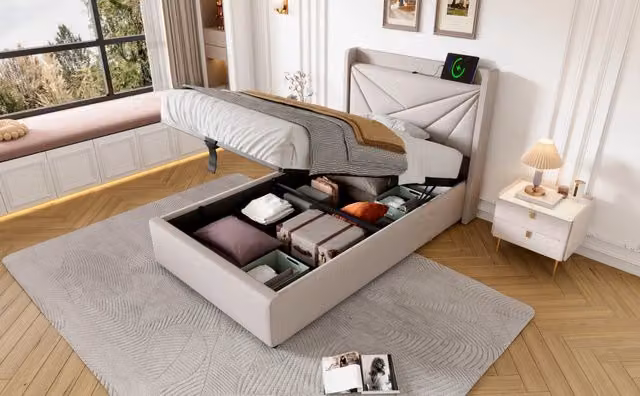 Letto singolo contenitore imbottito con testiera a USB/Tipo-C, doghe in legno, lino beige, 90x200 cm, senza materasso