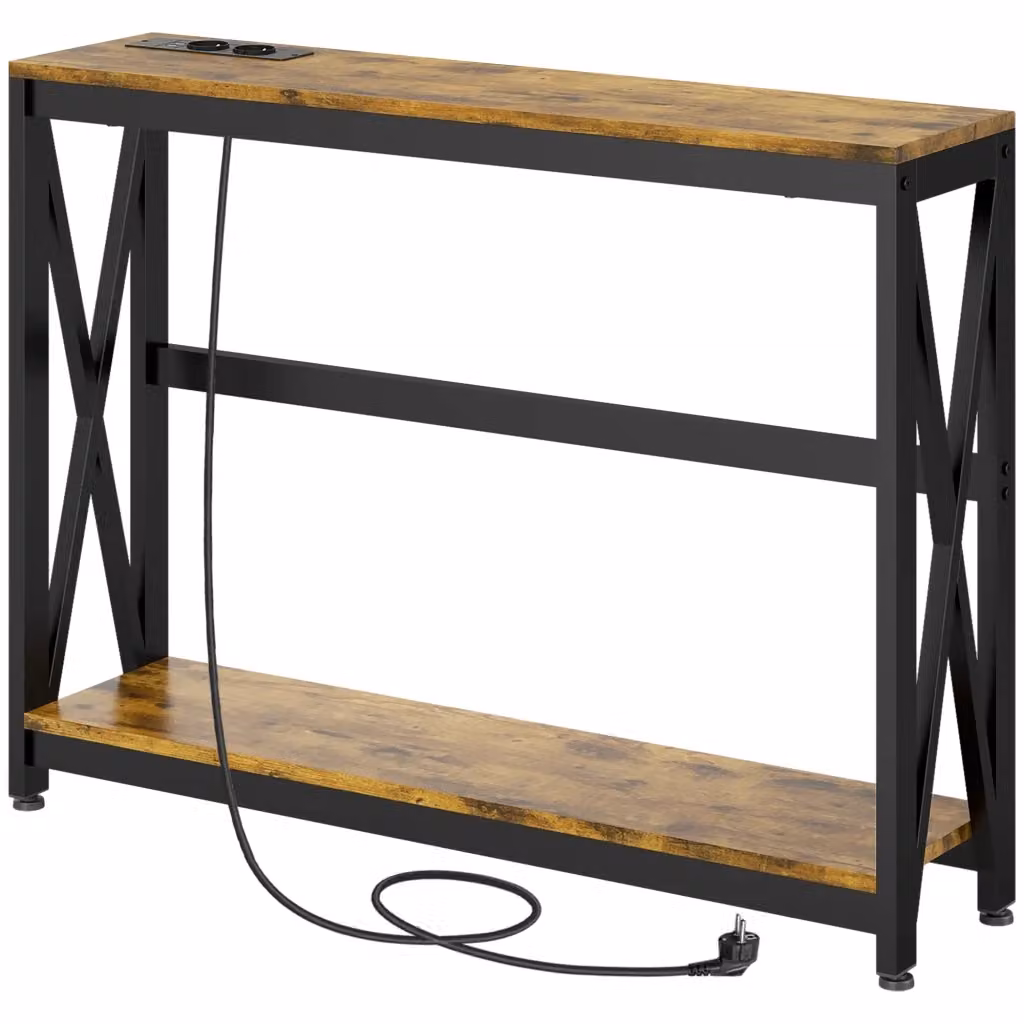 Consolle da ingresso Xylo con 2 ripiani e ricarica USB-C in acciaio marrone rustico L: 100 cm, P: 24 cm, H: 75 cm – 2