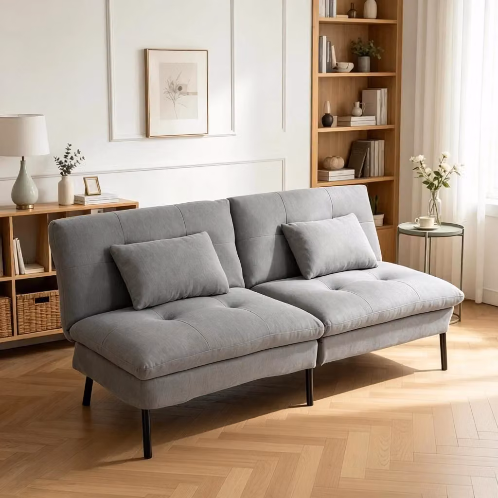 Divano letto MIVRAY a 2 posti modello click clack con schienale regolabile e rivestimento in tessuto grigio, dimensioni L/P/H: 176 x 84 x 64 cm, superficie letto 140 x 200 cm – 2