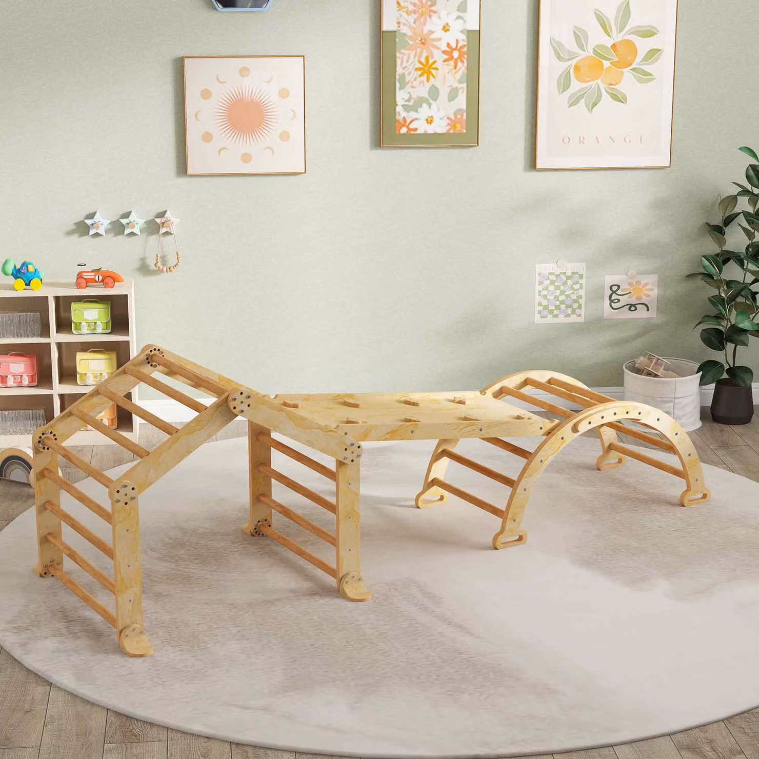 Struttura da arrampicata indoor 9-in-1 AIYAPLAY in legno marrone con rampa, scivolo, scala e lavagna per bambini piccoli – 2