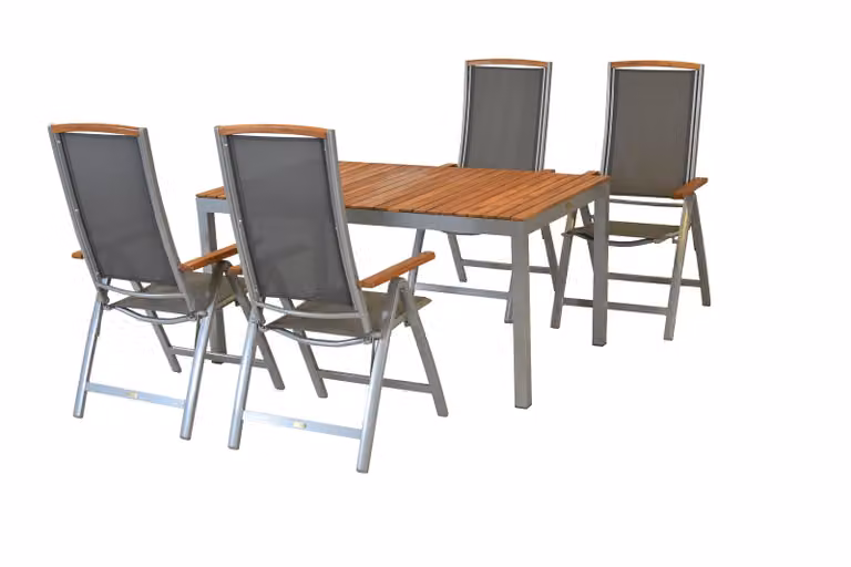 Set di mobili da giardino Merxx 5 pezzi, 4 poltrone pieghevoli, tavolo 150 x 90 cm, argento/grigio - alluminio/acacia/tessuto